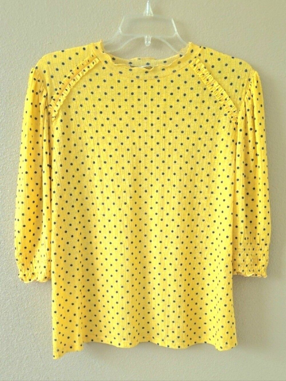 Zara Womens Yellow Blue Polka Dot Smocked Sleeve Blouse - Size Medium